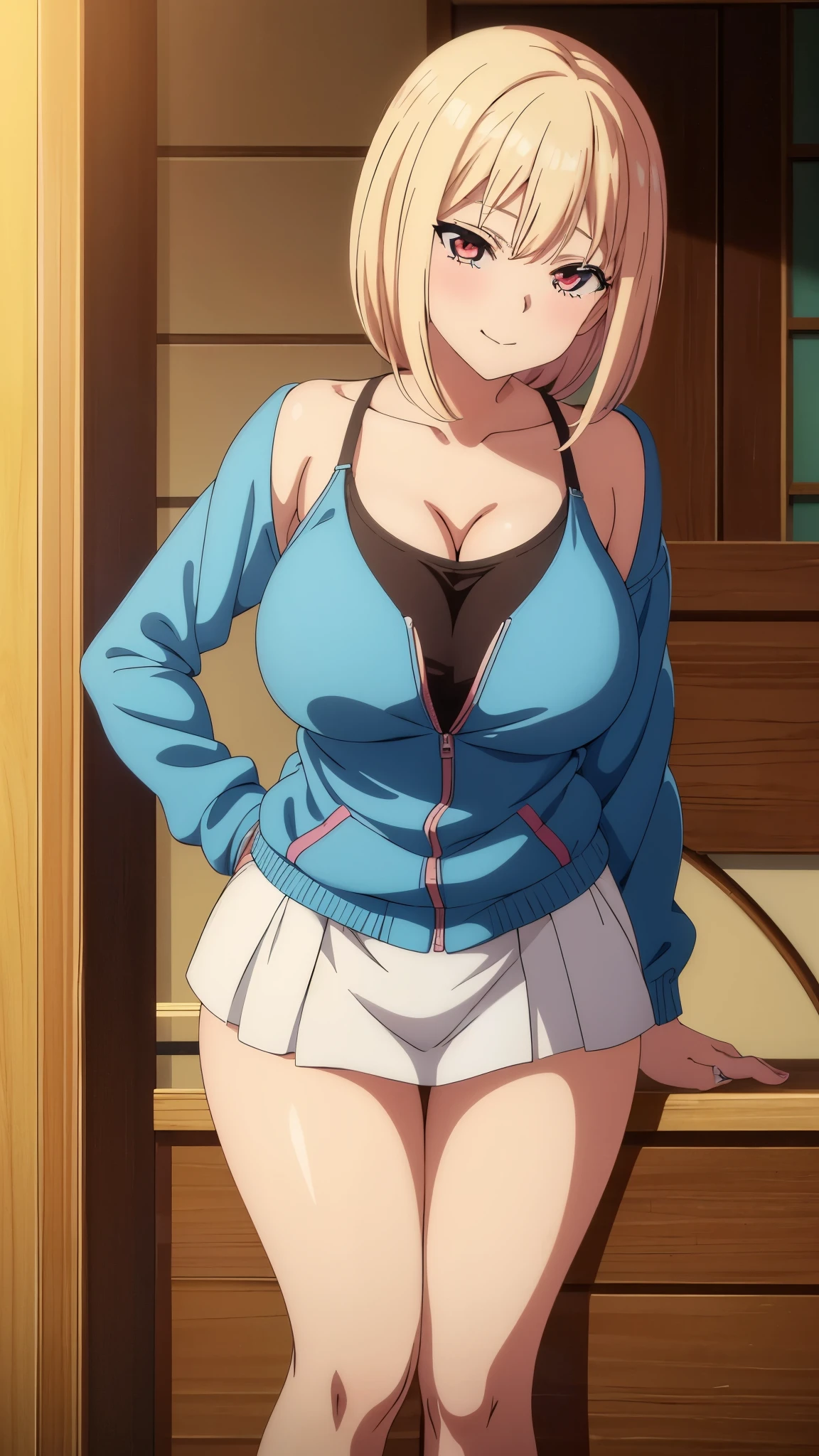 (((masterpiece))),fuyumi itadori, Anime girl characters, 1girl, solo, looking at viewer, medium hair long sleeves, cleavage, bigger breasts, closed mouth, collarbone, jacket, open clothes, open jacket, blue jacket, ground vehicle, sports bra, tall girl, horny, big ass, beautiful face,Charming,  anime visual of a cute girl, screenshot from the anime film, & her expression is solemn, ahegao face, in the anime film, in an anime, anime visual of a young woman, she has a cute expressive face, still from anime, perfect breasts, she is tall, All bodies visible, ahegao face, the face is ahegao, she is horny, A perverted face, she so perverted, she smile so perverted, hd picture, 4k quality, details of the face is so good,bigger breasts, ,change her face and make her face hd and pretty😍, make her face like nakano ichika , she is masturbating