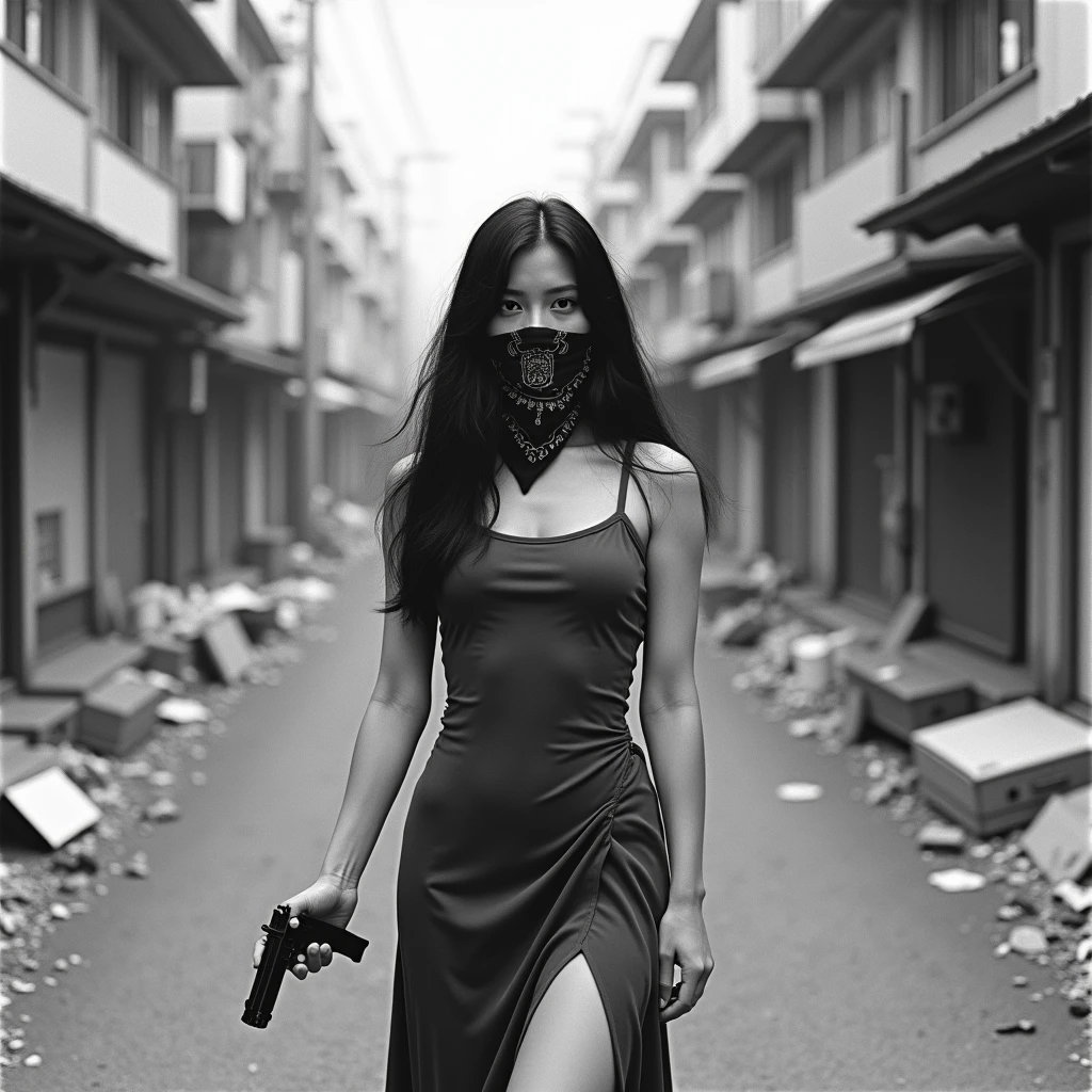 A female zombie is walking、Monochrome