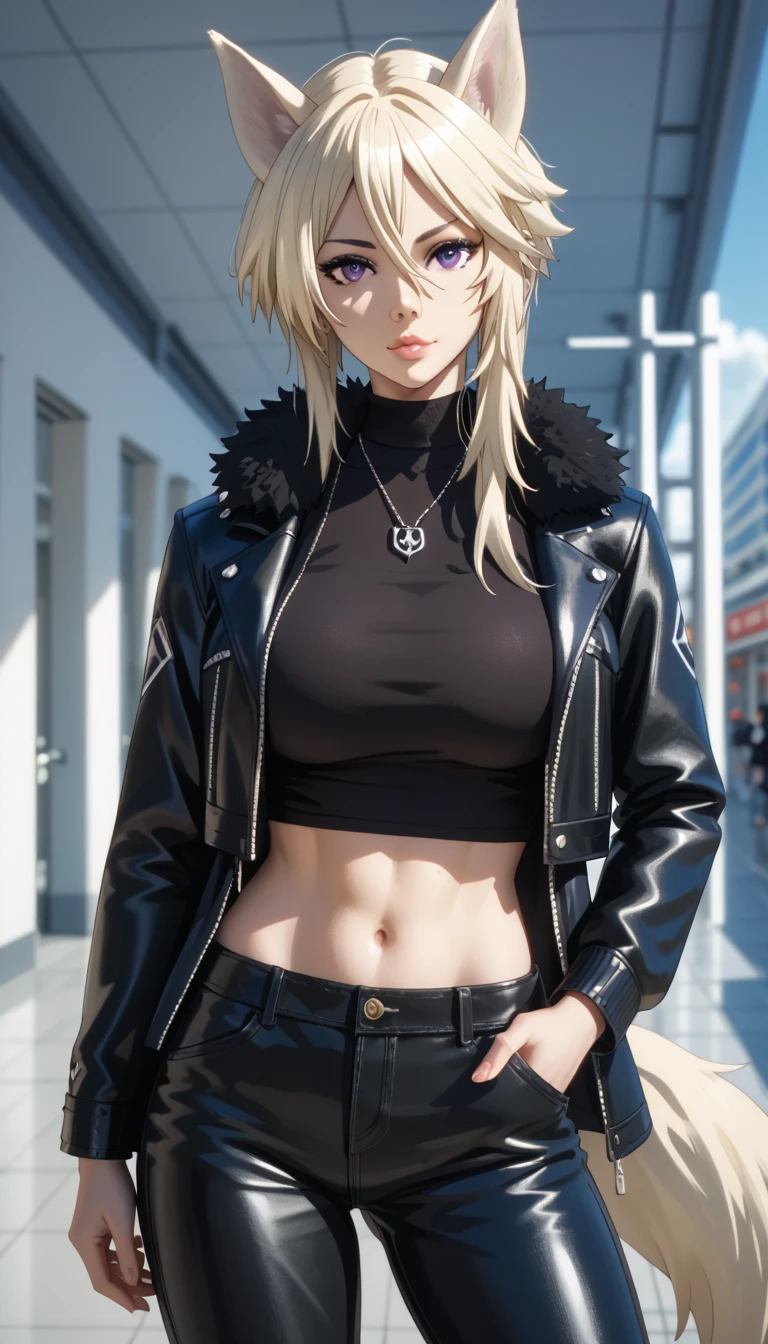 Tall girl, Fit girl,score_9, score_8_up, score_7_up, score_6_up, uncensored, ultra-detailed, 1girl, zeta, perfect face, animal ears, purple eyes, blonde hair,huge breast, tail, 1girl, solo, jacket, black_hair, navel, hand_in_pocket, long_hair, leather, midriff, shirt, leather_jacket, skirt, white_shirt, black_jacket, pants, looking_at_viewer, long_sleeves, black_skirt, open_clothes, blue_eyes, lips, black_pants, standing, open_jacket