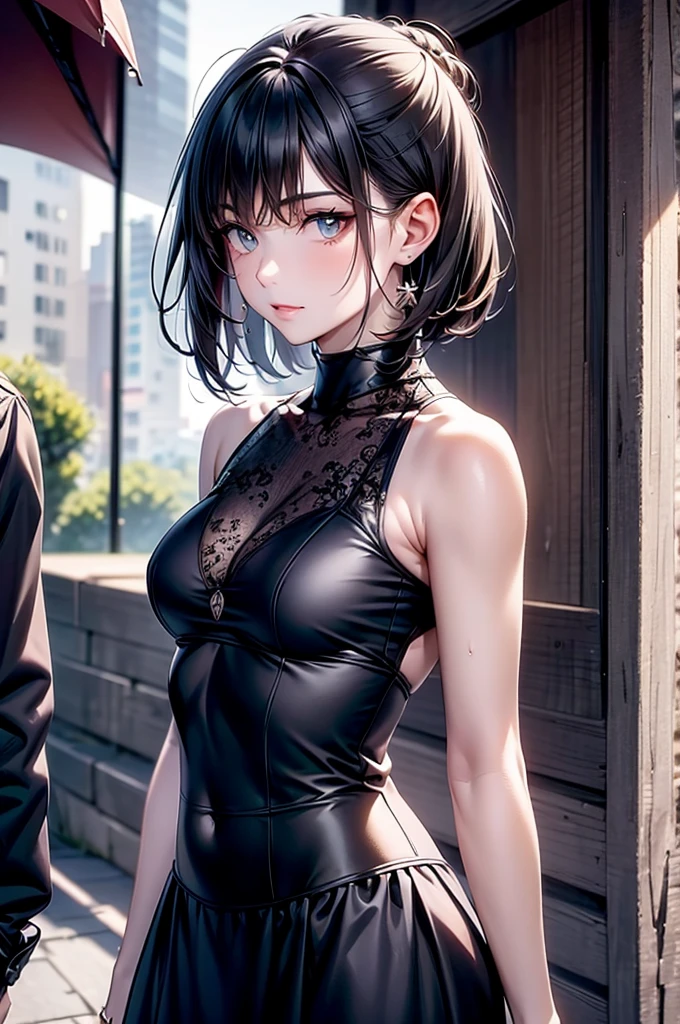 there is a picture of a male with female type hair like hair, solo, 1girl, black hair, looking at viewer, upper body, short hair, sleeveless, bare shoulders, from side