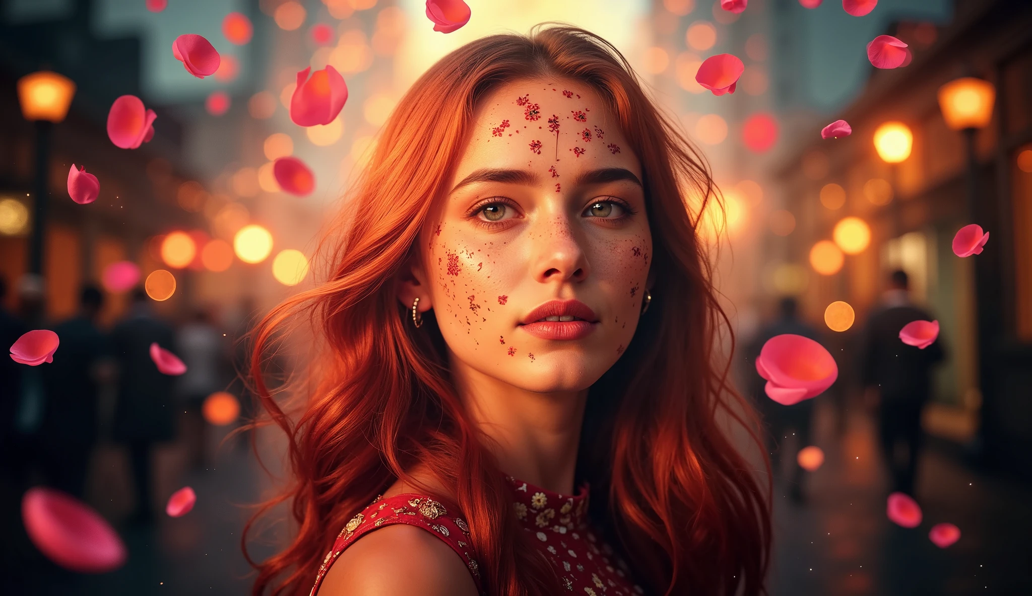 ((Masterpiece in maximum 16K resolution):1.6),((soft_color_photograpy:)1.5), ((Ultra-Detailed):1.4),((Movie-like still images and dynamic angles):1.3),((Wide cinematic lens):1.1). | ((Wide Cinematic shot of majestic flower petals raining from the sky):1.2), ((majestic flower petals):1.1), ((raining flower petals from the sky):1.3), (wide cinematic lens), (tyndall effect), (a lot of flower petals), (majestic sky), (magical atmosphere), (shimmer), (visual experience) ,(Realism), (Realistic),award-winning graphics, dark shot, film grain, extremely detailed, Digital Art, rtx, Unreal Engine, scene concept anti glare effect, All captured with sharp focus. | Rendered in ultra-high definition with UHD and retina quality, this masterpiece ensures anatomical correctness and textured skin with super detail. With a focus on high quality and accuracy, this award-winning portrayal captures every nuance in stunning 16k resolution, immersing viewers in its lifelike depiction. | ((perfect_composition, perfect_design, perfect_layout, perfect_detail, ultra_detailed)), ((enhance_all, fix_everything)), More Detail, Enhance.