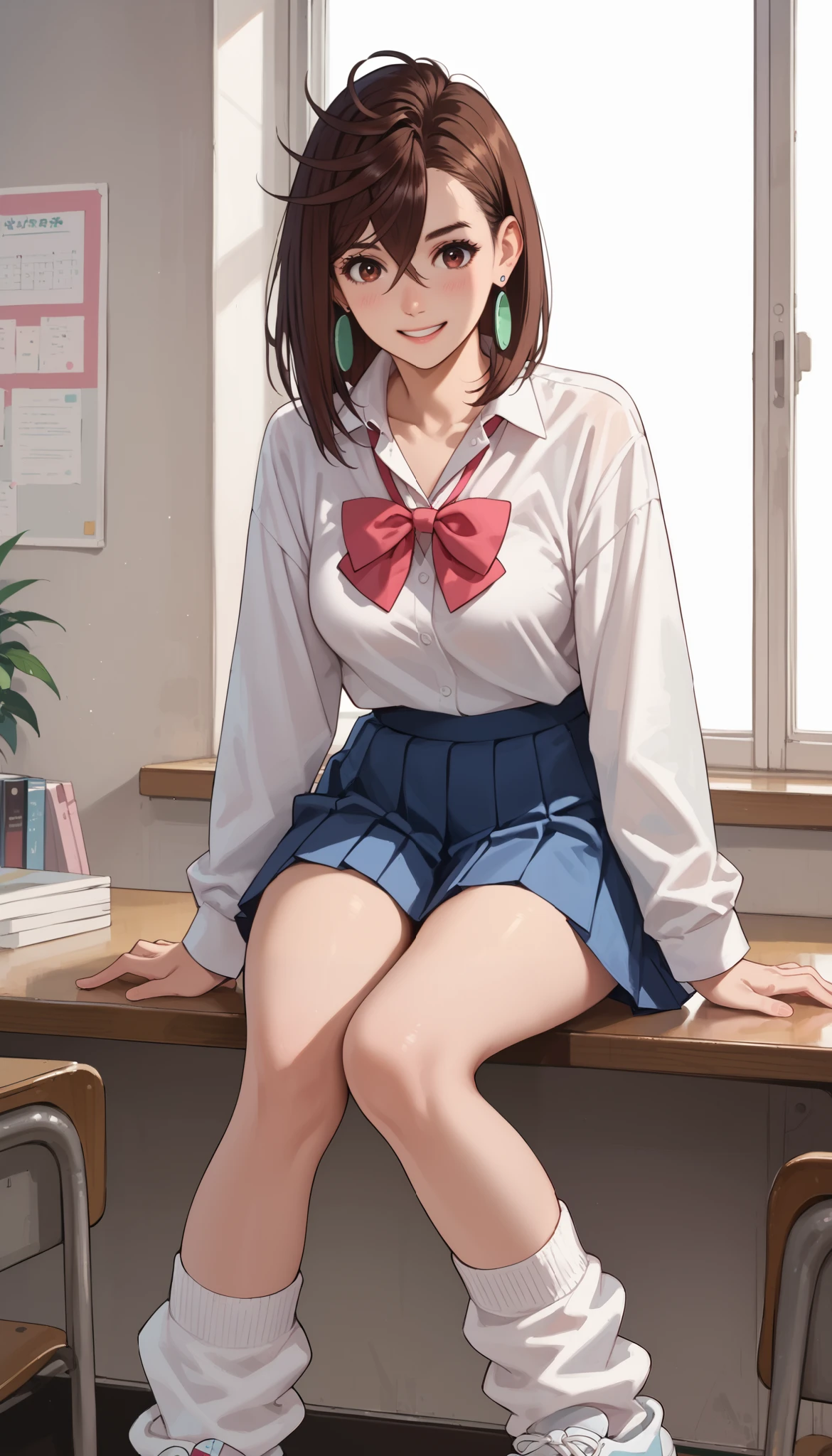 Ayase Momo, The taste of ,medium hair, brown hair, brown eyes, smile,medium breasts, shocks, red bowtie, , long pink knitwear,v neck,, long sleeves, blue skirt, pleated skirt, school uniform, earrings, collared shirt, white shirt, alternate costume, loose socks, white socks,Simple bedroom、