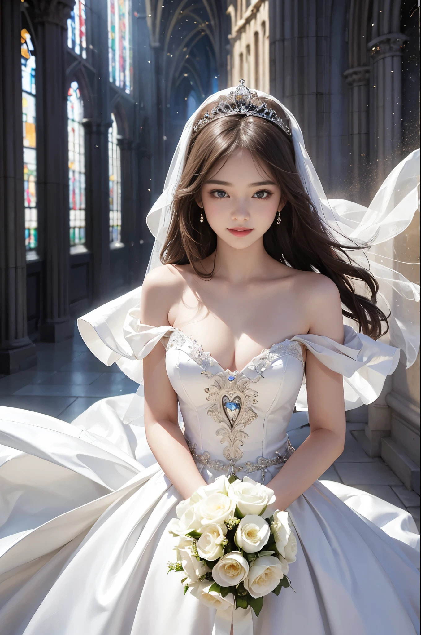1 girl, huge laugh, cute teen, shiny lips, sweet, sun glare, Conservative attire, bell-line wedding dress, Bridal tiara, depth of field, blurred background, Cathedral Background, light particles, strong wind, long hair, head tilt