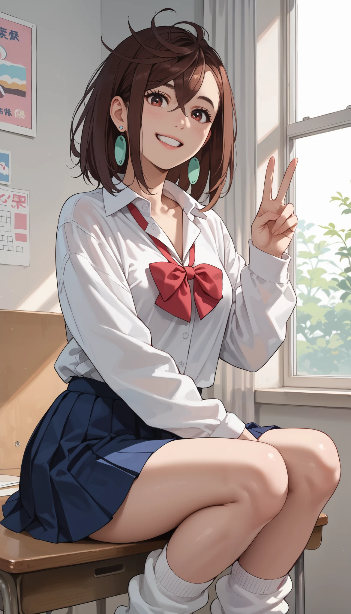 Ayase Momo, The taste of  ,medium hair, brown hair, brown eyes, smile,medium breasts, shocks, red bowtie, , long pink knitwear,v neck,, long sleeves, blue skirt, pleated skirt, school uniform, earrings, collared shirt, white shirt, alternate costume, loose socks, white socks,Simple bedroom、