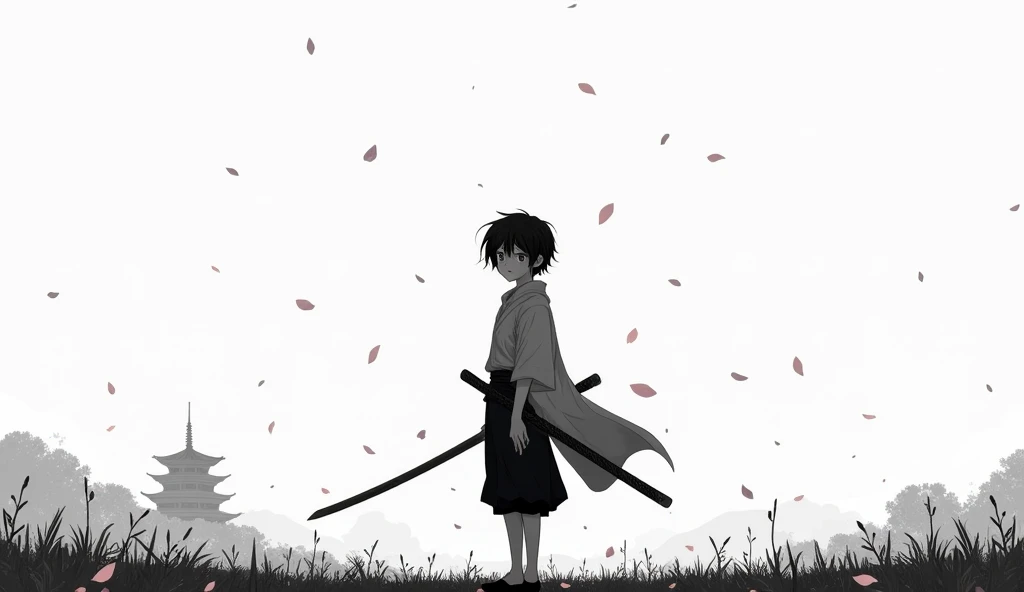 A manga character. He is a lone anime boy living in medieval Japan, standing tall and looking directly forward with a determined yet sorrowful gaze. Orphaned from a young age, his father was executed as a traitor, and his mother died giving birth to him. His face shows both pain and strength, framed by slightly messy hair blowing gently in the wind. He wears a traditional samurai outfit, simple and slightly worn, holding a katana loosely in one hand. Behind him, faint echoes of spirits or past memories swirl subtly, adding a mystical touch. Despite his pursuit of vengeance, his pure heart is reflected in his intense, unyielding eyes. The scene is entirely black and white, with minimalist details, evoking the haunting beauty of feudal Japan, such as cherry blossom petals drifting around him or a distant pagoda silhouetted against a misty background.