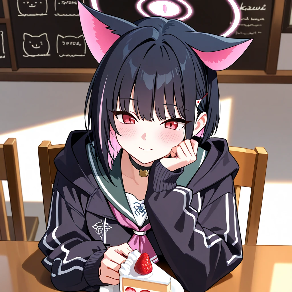 collar4u, collar, (holding:1.5), (pov), 1girl, (collar on her palms:1.5), (cat ear),(cat eyes), smile, happy, kind, blush, (x hairpin),(fang), (20yo), looking at viewer, sitting on sofa, in room, <lora:collar4u-v1:1>