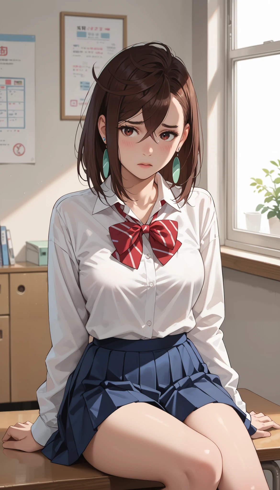 Ayase Momo, The taste of  ,medium hair, brown hair, brown eyes, shy,medium breasts, shocks, red bowtie, long sleeves, blue skirt, pleated skirt, school uniform, earrings, collared shirt, white shirt, alternate costume, loose socks, white socks,Simple bedroom、