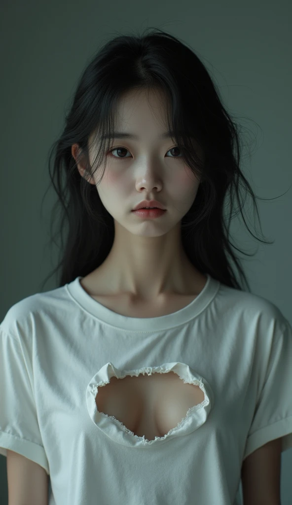 Highest quality、masterpiece、Ultra-high resolution、(Realism:1.4)、 1 person、In a pale background、Deep Shadow、Low Key、Shortcuts、Upper Body、sex appeal、Wearing a thick T-shirt、Cosmetic CM