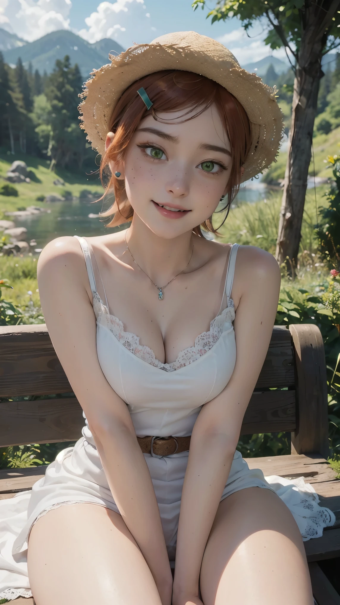 Gwen tennyson,(best qualityer,4K,8k,high resolution,work of art:1.2)(weather: cloudy), forest mountain background, forest lake, teenager, freckles, white long summer dress, bracelets, laced shoes, straw hat, hair pin, sunglasses, cloth belt, eyeliner, short hair, ginger hair, ultra detailed, realistic,portraite,beautiful detailed green eyes, glowing eyes,blush,beautiful detailed lips,extremely detailed eye and face, long eyelashes,sexly,average, large breasts,beaming smile, flirty smile,powerful girl, sexy pose, stunning curves,bright coloured,dramatic lighting, wet body, wide hips, thick thighs,