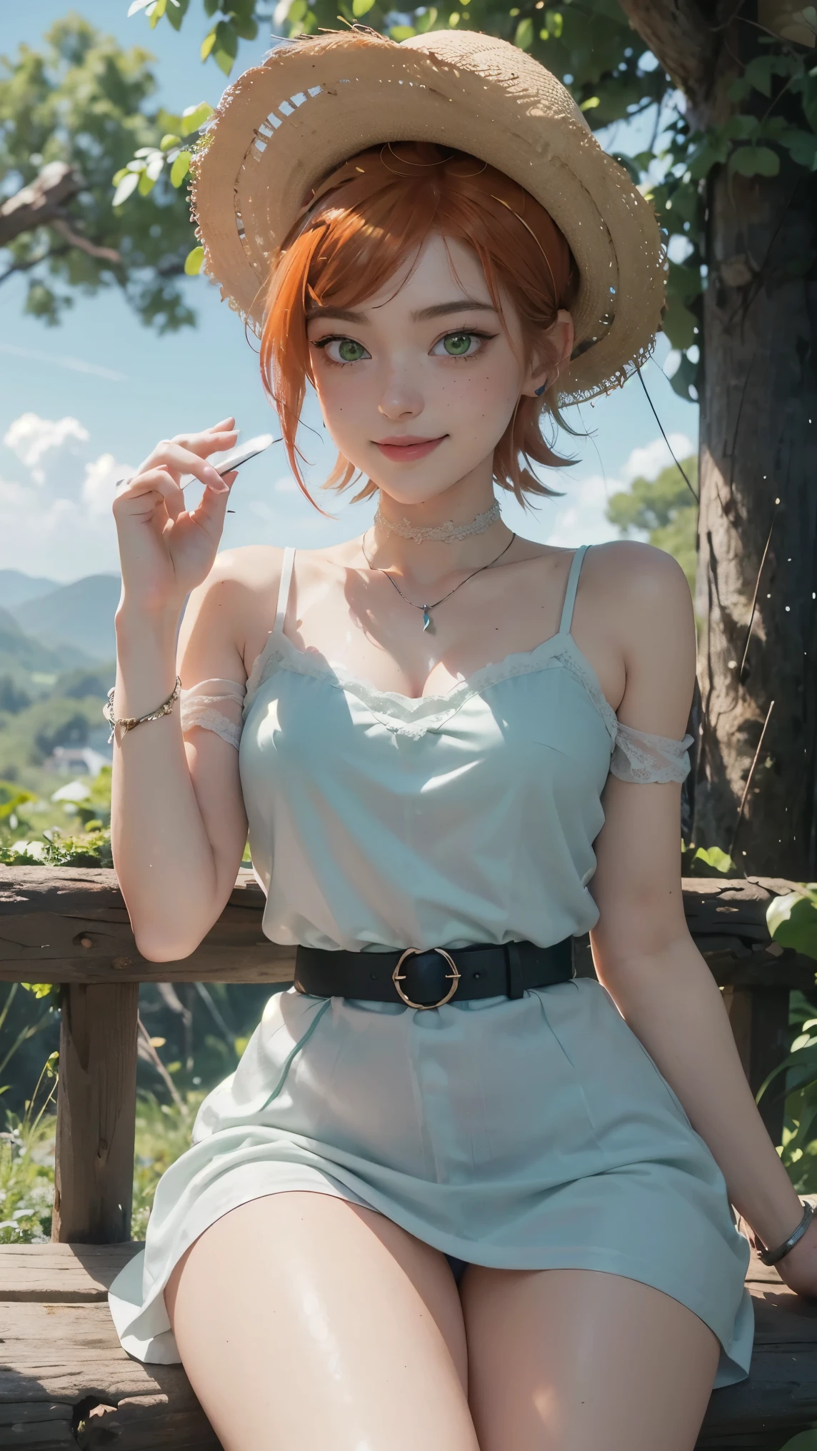 Gwen tennyson,(best qualityer,4K,8k,high resolution,work of art:1.2)(weather: cloudy), forest mountain background, forest lake, teenager, freckles, white long summer dress, bracelets, laced shoes, straw hat, hair pin, sunglasses, cloth belt, eyeliner, short hair, ginger hair, ultra detailed, realistic,portraite,beautiful detailed green eyes, glowing eyes,blush,beautiful detailed lips,extremely detailed eye and face, long eyelashes,sexly,average, large breasts,beaming smile, flirty smile,powerful girl, sexy pose, stunning curves,bright coloured,dramatic lighting, wet body, wide hips, thick thighs,