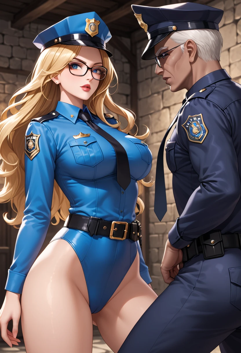 scissorhold, leg lock, full body shot, between thighs, white background, thick thighs, latex police, piggyback, full body, please full body, hands on thighs, large breasts