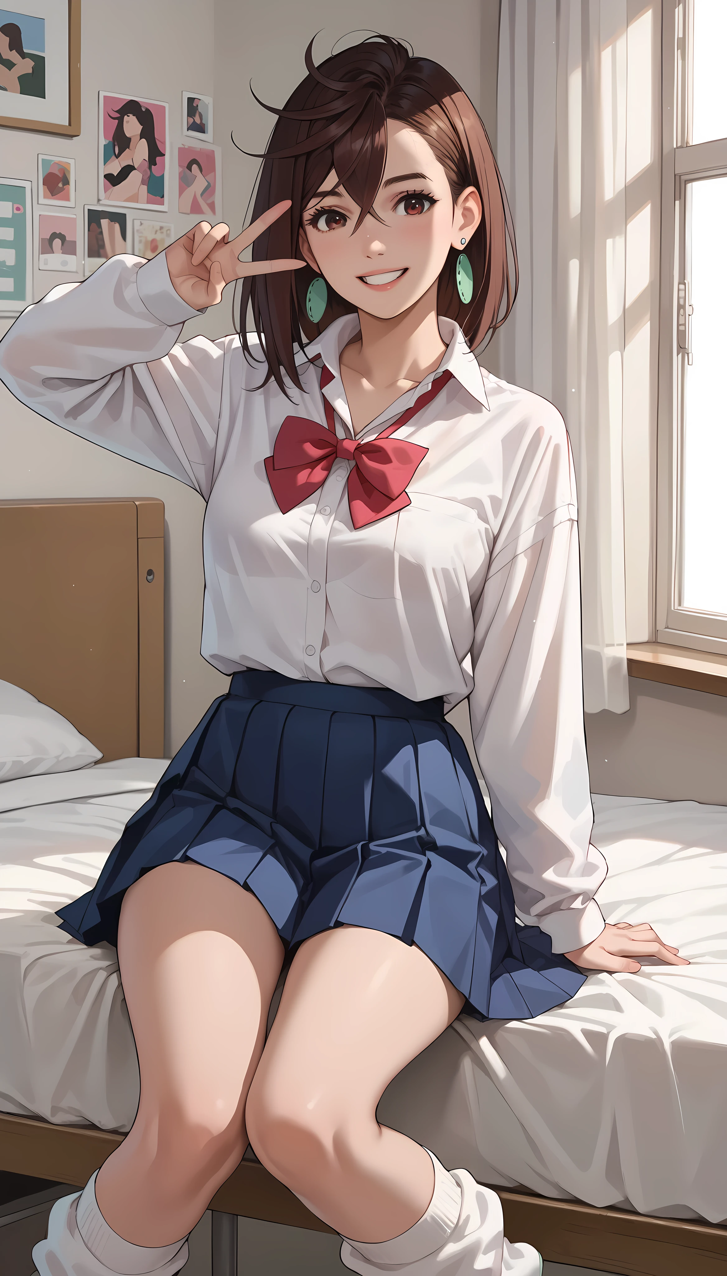 Ayase Momo, The taste of  ,medium hair, brown hair, brown eyes, smile,medium breasts, shocks, red bowtie, , long pink knitwear,v neck,, long sleeves, blue skirt, pleated skirt, school uniform, earrings, collared shirt, white shirt, alternate costume, loose socks, white socks,Simple bedroom、