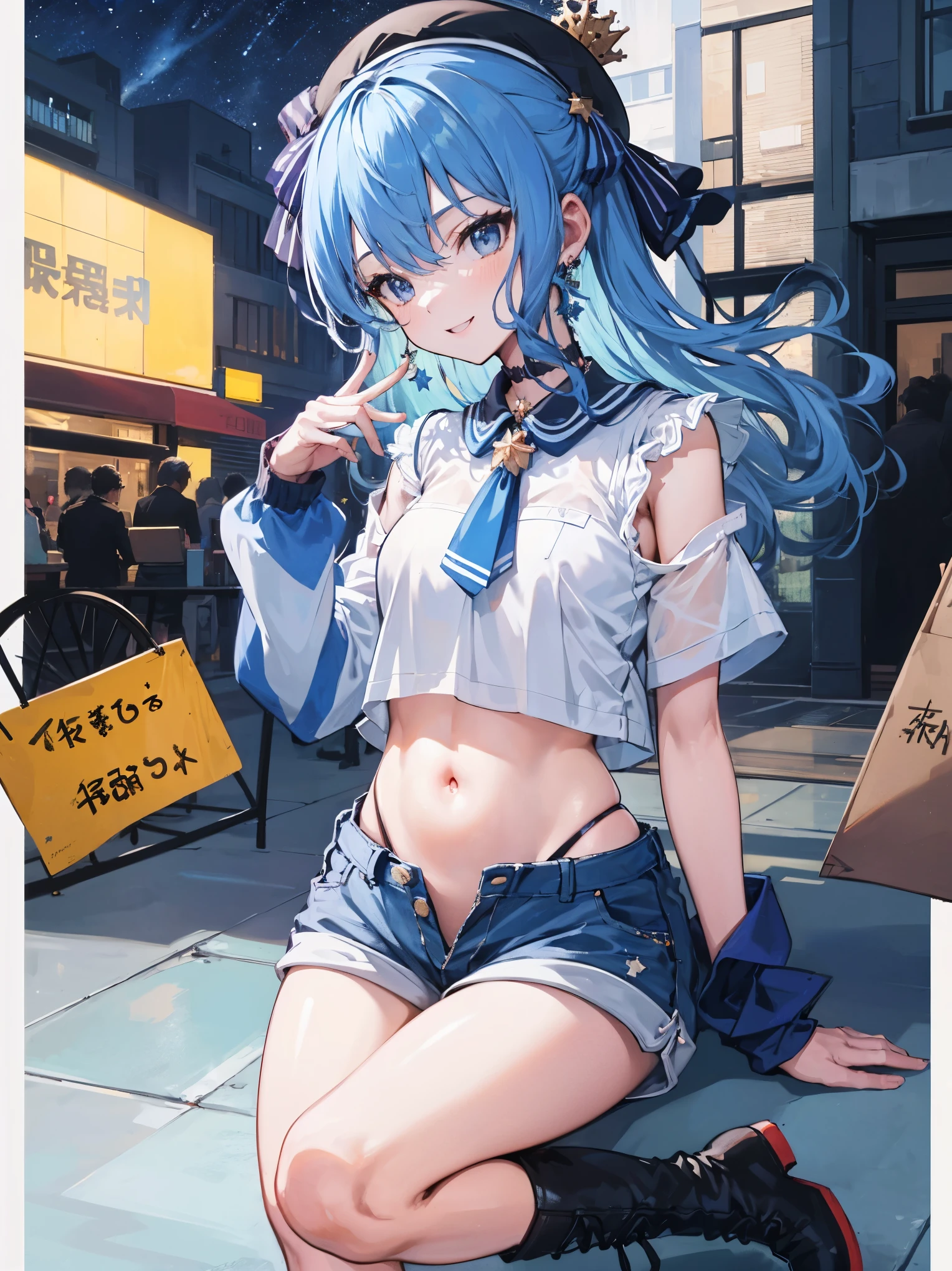 masterpiece, best quality, very aesthetic, absurdres, 1girl, mature_lady,1girl,naked_shirt,,Kamisato Ayaka,Kamisato Ayaka(genshin impact), light blue hair, blunt bangs, a small gold ornament, grey eyes, ponytail ,,in an amusement_park,blur background,background defocus,