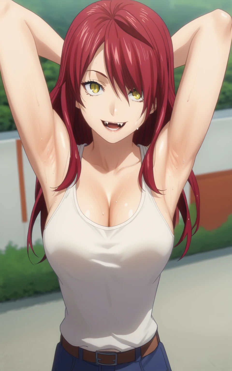 score_9, score_8_up, score_7_up, source_anime, anime screencap, 1girl, solo, kobayashi rindou, long hair, red hair, yellow eyes, white shirt, sleeveless, cleavage, bare shoulders, bare arms, arms behind head, armpits, from above, looking at viewer, head towards viewer, smile, large breasts, opened mouth, fang teeth, badhandv4, outdoors, sunny day, detailed armpits, sweaty armpits,weating