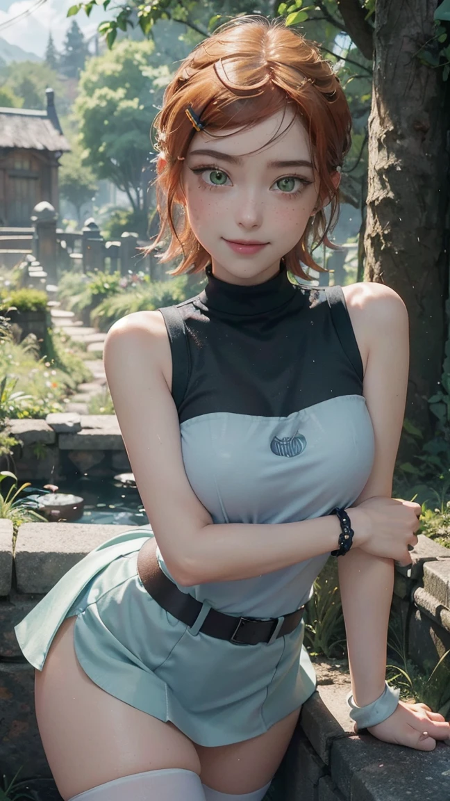 Gwen tennyson,(best qualityer,4K,8k,high resolution,work of art:1.2)(weather: cloudy), forest village background, stone street, teenager, freckles, sleeveless blue summer blouse, elbow long gloves, bracelets, black skater skirt, stockings, laced shoes, hair pin, sunglasses, cloth belt, eyeliner, short hair, ginger hair, ultra detailed, realistic,portraite,beautiful detailed green eyes, glowing eyes,blush,beautiful detailed lips,extremely detailed eye and face, long eyelashes,sexly,average, large breasts,beaming smile, flirty smile,powerful girl, sexy pose, stunning curves,bright coloured,dramatic lighting, wet body, wide hips, thick thighs,