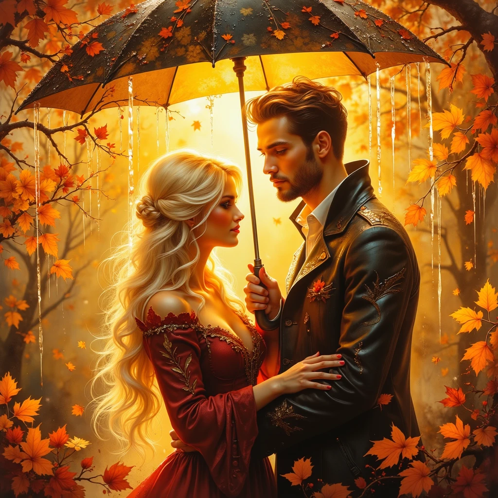 (((Ultraglossing blicks ULTRAVIBRANT COLORS  EXTREMALLY DETAILED ULTRAREALISTIC 3D RENDER FOREGROUND: 1.4)))   It's a beautiful rainy scene of autumn with leaves in vibrant yellow-ORANGE-RED-BURGUNDY-GOLD hues, and golden rain drops sparkling in bokeh light, a beautiful young couple, a long BLONDE 18 YEARS WOMAN and a fresh faced MUSCULAR BRUTAL MAN WITH SHORT BLACK HAIR, standing under an umbrella, without saying anything but sweet emotion seen in their shy embrace, how precious our first love, illuminating branches in warm sunlight, creating a peaceful and golden mood. Paint a dreamy hazy breezy wet on wet watercolour artwork, using minimal paints and maximum loose water effects, autumnal colour palette, melancholy composition, minimalist, impressionist, with no text. MODERN CASUAL DRESS.
bokeh ethereal beautiful fantastic view Golden ratio dreamy nostalgic Atmospheric melancholy natural light Tran Nguyen rules of third Visual Poetry fog and smoke unfiltered creativity minimal paint and water effects beautiful Autumnal palette Dreamy Hazy Breezy  (((EXTREMALLY DETAILED ULTRAREALISTIC 2D FOGGY PASTEL BACKGROUND: 1.2))) (((GOLD GLOSSING DETAILES JEWELLERY,SPARKLING TRANSPARENT STONES)))
