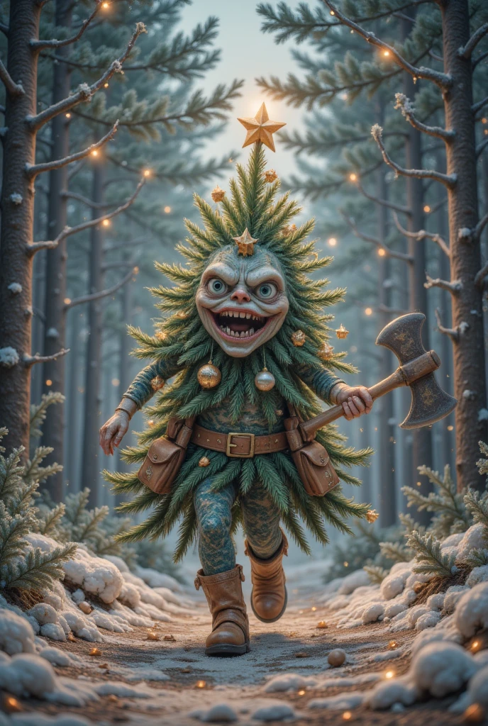 surrealism 
an anthropomorphic elegant cute Christmas tree with two eyes flees from the spruce forest
in boots ,an ax , HDR , humor 
