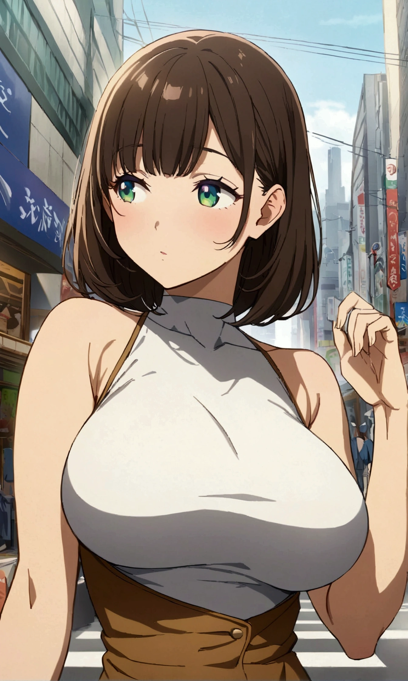 upper body,ennui,looking away,One Girl,Tight tops, miniskirt,Big Breasts,Expensive, Tall, thick thighs ,Medium Hair,Brown Hair,Green Eyes,Shibuya,standing,finely detailed 美しいface,high quality,anime,Beautiful high resolution,anime color,{{{masterpiece}}},{{{{Very fine particles}}}},{{{{Highly detailed body}}}},{{{{Highly detailed fingers}}}},