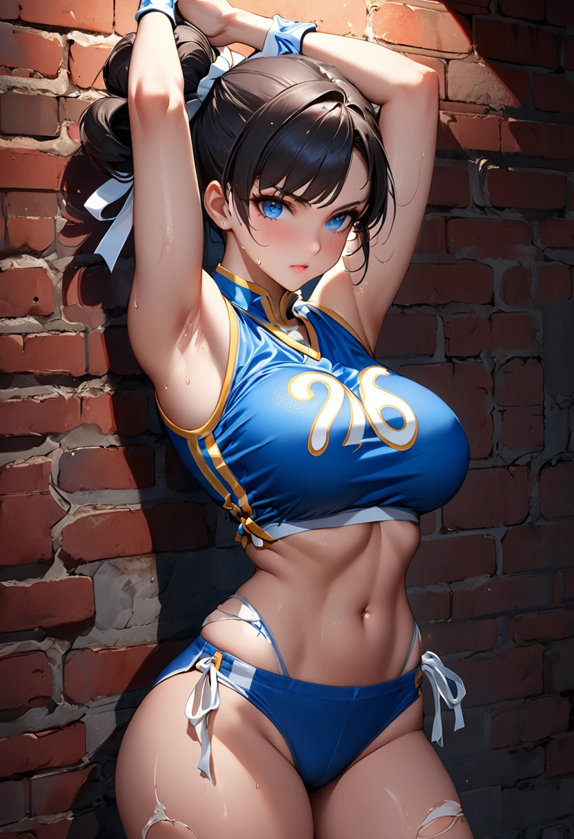 ( A beautiful Chun Li girl ,)( iconic hairstyle 2 chongos tied ,)( short hair and black ,)( blue eyes and big ,)( sexy look,)(fair skin sweat in the armpits ,)(Openpose _full,)( raised pose you loved your hands on your head is standing in front ,)( wardrobe a tight crop top in old and torn navy blue color large scrapes ,)( big and firm breasts sexy ,)( masterpiece image ,  jersey, ultra high detail,  ultra high definition HD 16k ,)( background behind a very old and worn red brick wall is at night correct lighting and correct shadows,)