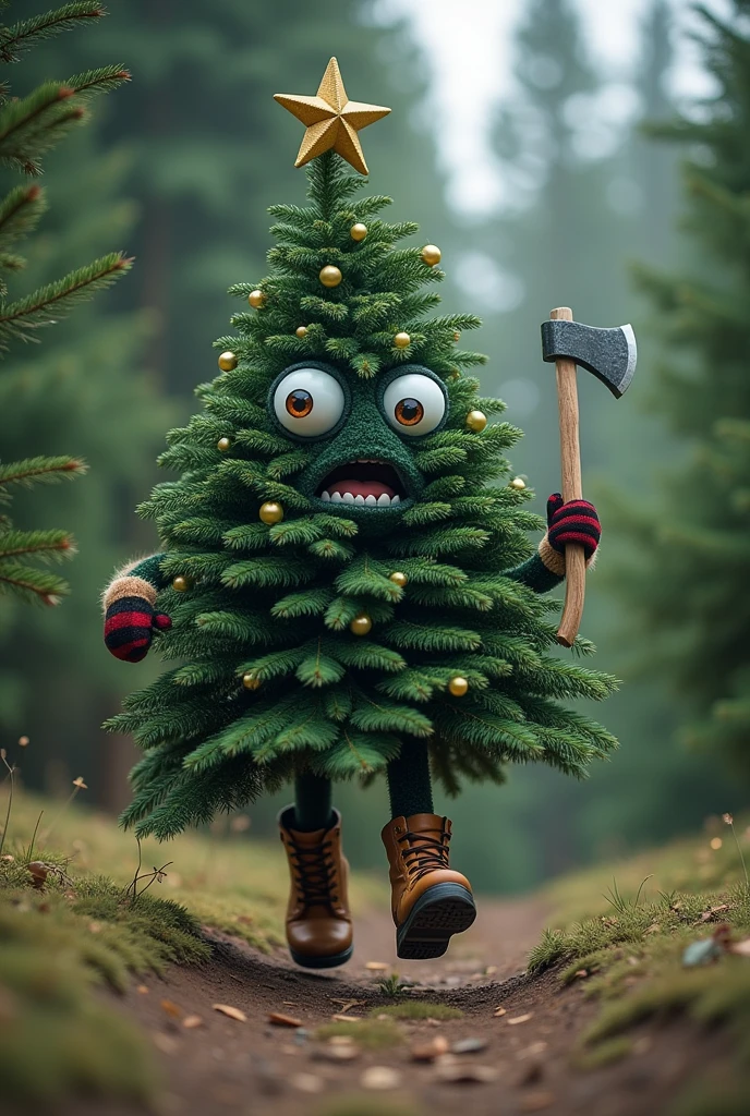 surrealism 
an anthropomorphic elegant cute Christmas tree with two eyes flees from the spruce forest
in boots 
axe in hand
HDR 
humour 
