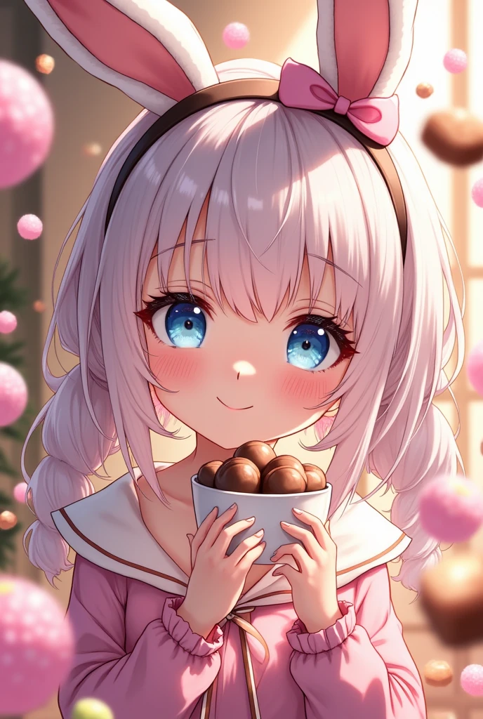 a beautiful anime girl, extremely detailed eyes and face, long eyelashes, beautiful detailed lips, holding candy, surrounded by sweets, chocolates, candies, colorful candy background, pastel colors, soft lighting, warm colors, hyper detailed, 8k, high resolution, masterpiece, photorealistic茶髪,  twin tails,  blue eyes, Bunny ears, 