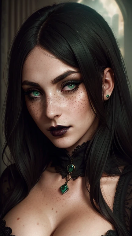(best quality, hyperdetailed photography:1.2), beautiful lady, freckles, gothic dark makeup, soft light, perfect breast, cover, (detailed beautiful face, detail skin texture, ultra-detailed body:1.1) sexy vampire girl, green eyes, perfect body,