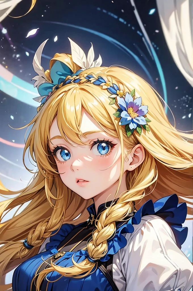 a close up of the doll of a girl who has long hair and blue eyes, 1girl, solo, blue eyes, long hair, flower, dress, blonde hair, looking at viewer, hair rings