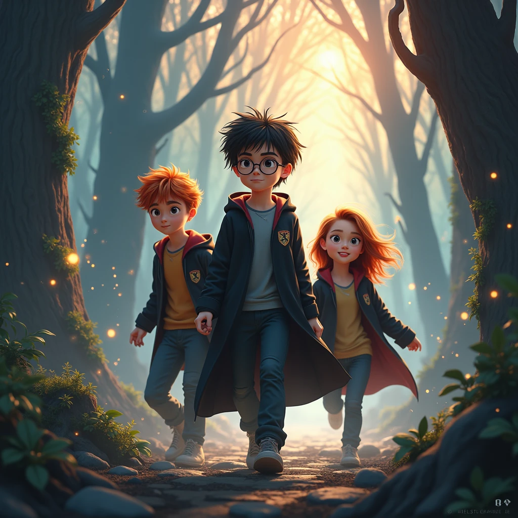 A gryffindor boy with a Slytherin girl and a Hufflepuff boy with Wands in their hand