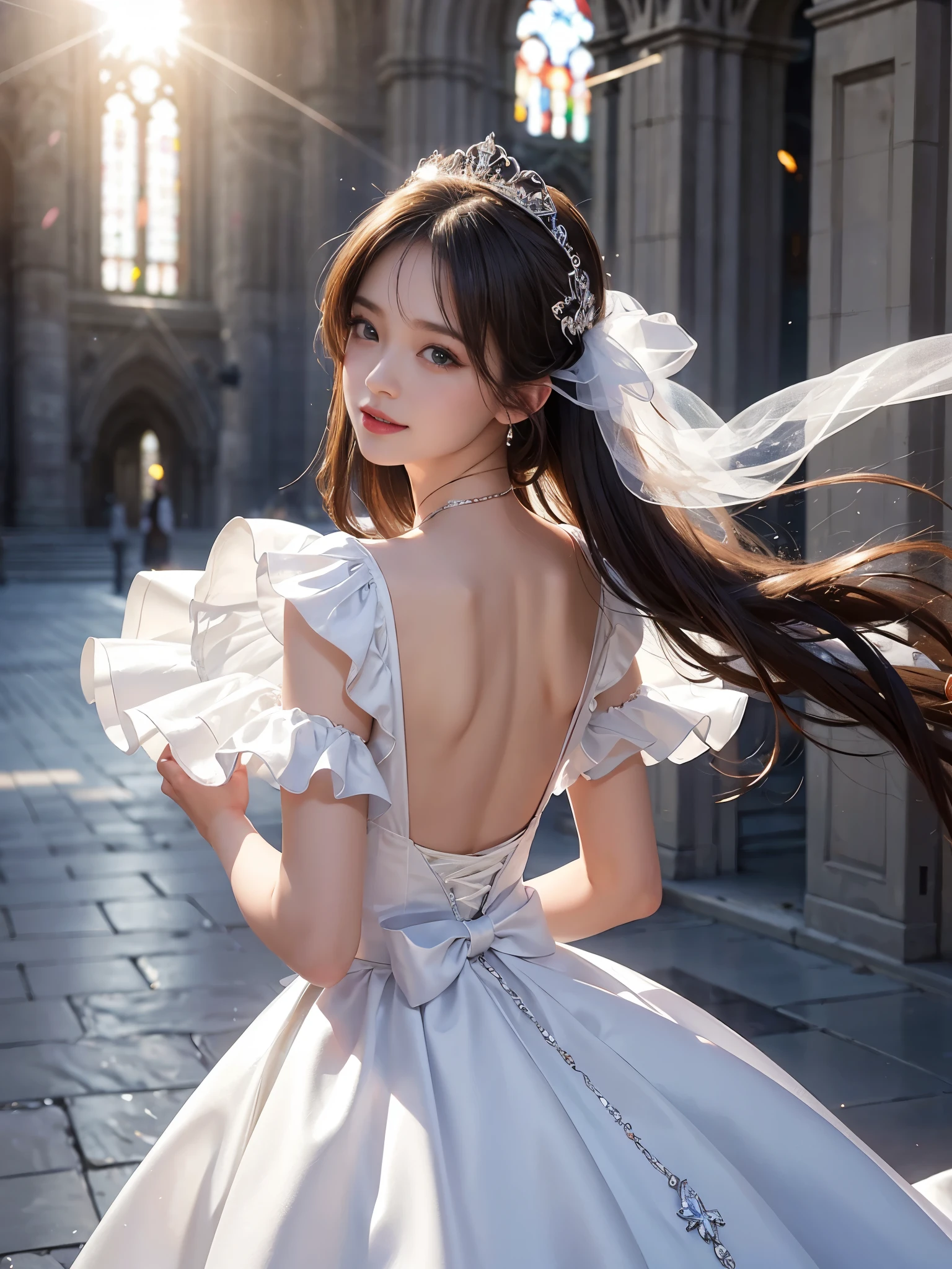 ((Girl standing in front of the wall of an old castle))、Fluorescent color、1 girl、Looking to the side、Beautiful face、Beautiful eyes、(Off the shoulder:1.2)、Upper Body、Shiny Hair、Glowing Skin、 Reduce glare、The proportions of the fingers have been adjusted、Escrow、ass pov、Dynamic Angle、(((Master part)))、(((highest quality)))、(((Super-detailed))) detailed)、(An illustration)、(Detailed light)、(Very delicate and beautiful)、Dramatic_Shadow、Ray_Tracking、reflection、 Ultra-high resolution、((A girl with colorful hair and mesh in her black hair))、 Her hair flutters in the wind、(Large deep blue eyes)、Black Haired Woman、 Sparkling Butterfly、Black-haired woman、Points of light around the woman、Magical Aura、Green dot、Aura About Natural、超Magical AuraBlack-haired woman,((White off-the-shoulder semi-transparent white dress:1.3))、(No sleeve)、((My skirt is flying up in the wind)),((An old European castle is hazy in the distance)),((White panties are visible)),