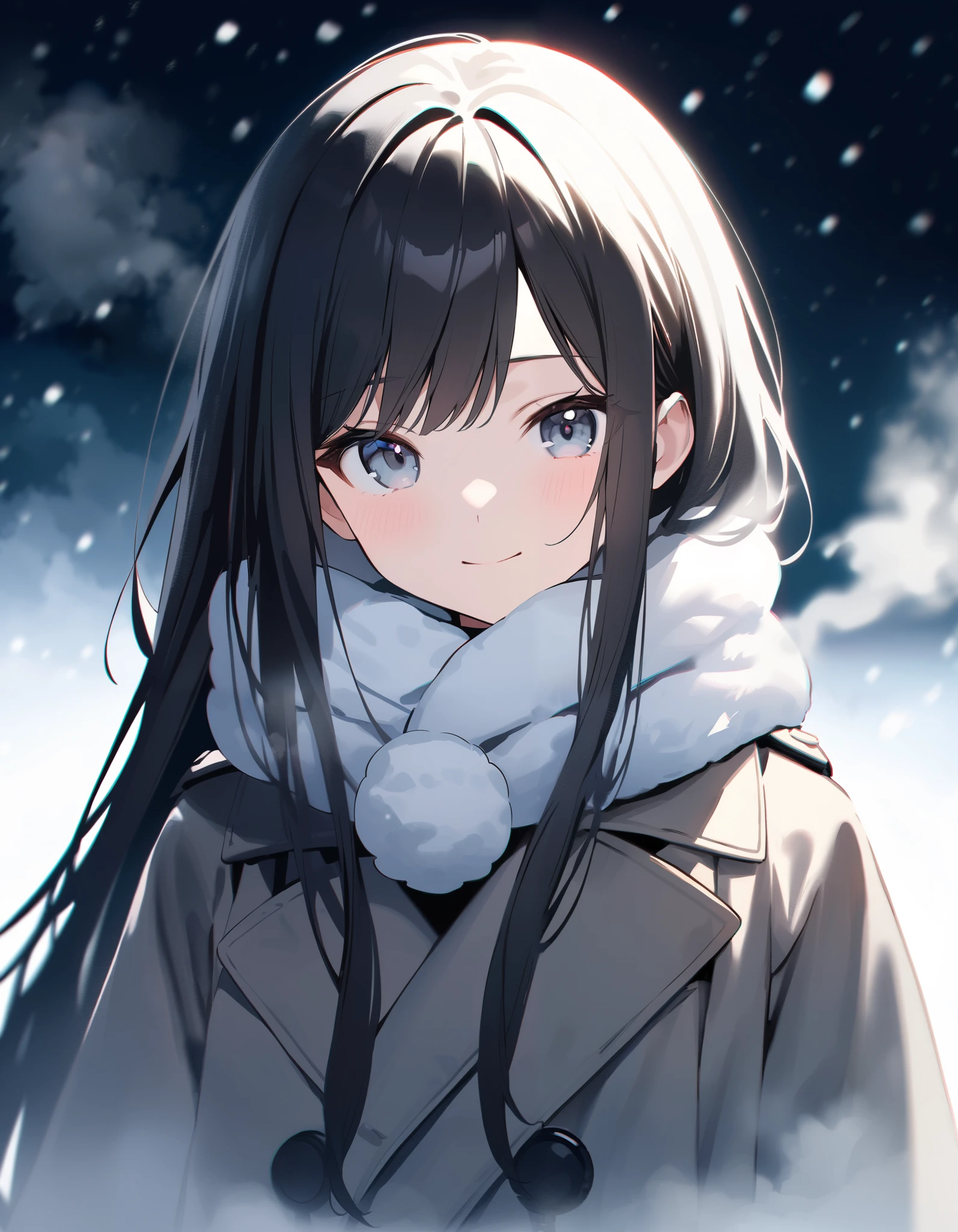 (blurred edges, steam, fog:1.3), full by, watercolor /midium/, (pastel colors:0.5), masterpiece, best quality, extremely detailed, 8k cg wallpaper, absurdres, ultra high-resolution, a girl, very cute face, black long hair, beautiful hair, muffler, coat, light smile, (simple white background), portrait, (heavy powder snow, storm:1.1), (chromatic aberration), (out of focus:1.3),