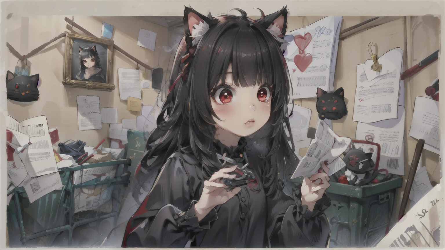 ( masterpiece ,  better quality ),   intricate takes off ,
1 girl,  junkotvv,  long hair , (Ojos rojos:1.5),  animal ears, black hair,  Cat ears,  curly hair ,  straight bangs , (small chest:1),,  long sleeves, Bermuda, black shirt, 
 PepeSilviaMeme, wall, paper,