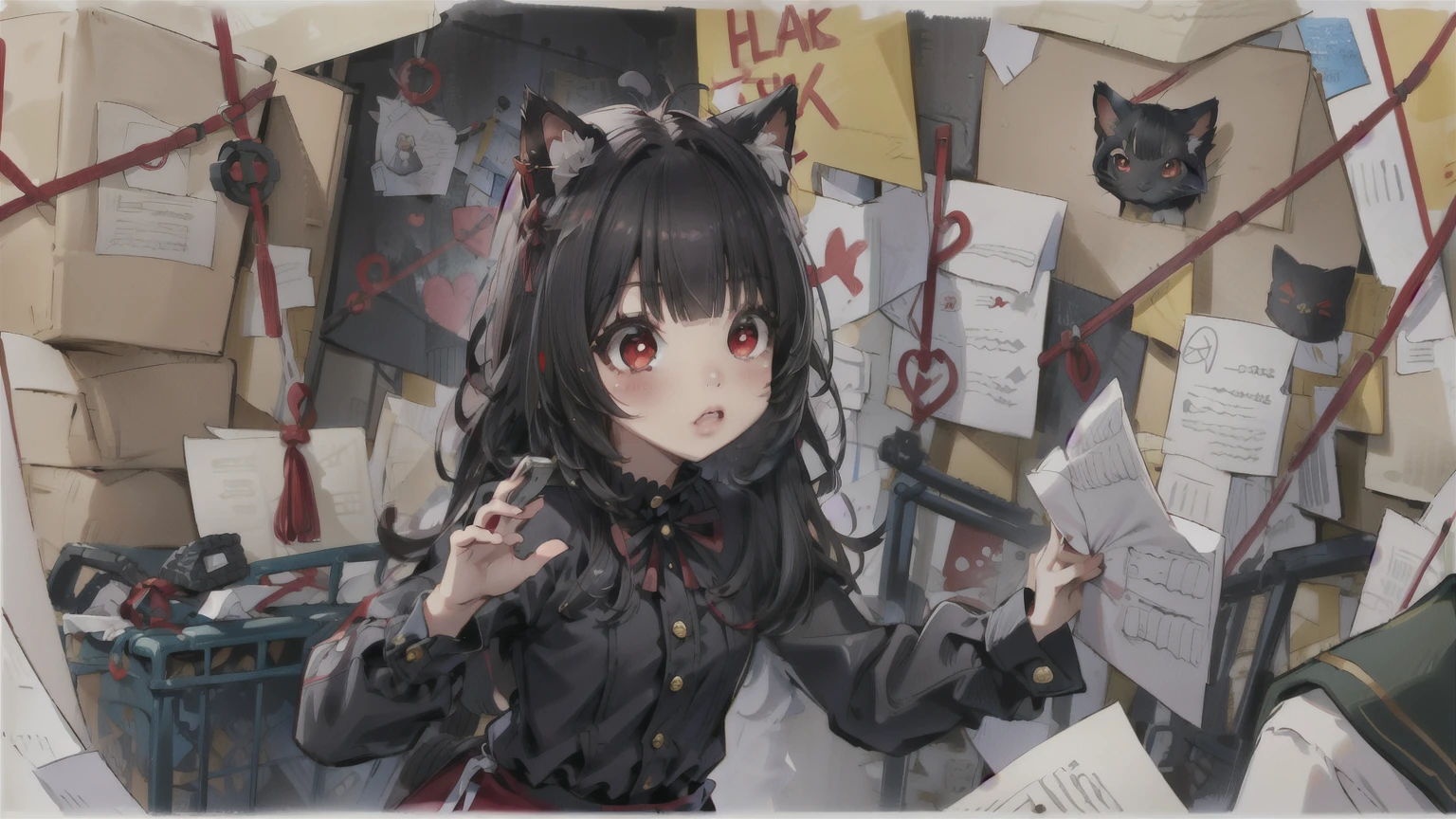 ( masterpiece ,  better quality ),   intricate takes off ,
1 girl,  junkotvv,  long hair , (Ojos rojos:1.5),  animal ears, black hair,  Cat ears,  curly hair ,  straight bangs , (small chest:1),,  long sleeves, Bermuda, black shirt, 
 PepeSilviaMeme, wall, paper,