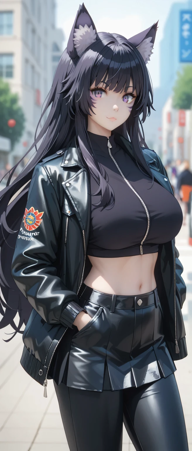 Tall girl, Fit girl,score_9, score_8_up, score_7_up, score_6_up, uncensored, delta, long hair, black hair, animal ears, purple eyes, cat ears, animal ear fluff, facial mark,huge breast, 1girl, solo, jacket, black_hair, navel, hand_in_pocket, long_hair, leather, midriff, shirt, leather_jacket, skirt, white_shirt, black_jacket, pants, looking_at_viewer, long_sleeves, black_skirt, open_clothes, black_pants, standing, open_jacket, from front, blurry backgrounds 