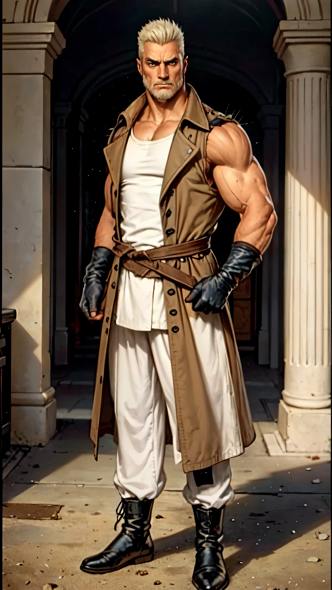 (masterpiece:1.2, best quality:1.2, extremely delicate:1.2), ((male:1.5)), an older man with medium-length disheveled spiky gray hair, 50 years old, sorrowful eyes, sharply defined facial features, full beard, tall and muscular physique, a simple two-piece fantasy-realism outfit, a pale yellow undershirt, a sleeveless long trench coat, long gloves, coarse fabric trousers, standing on a desolate battlefield, bowing his head in mourning, this character embodies a finely crafted fantasy-realism wuxia-style warrior in anime style, exquisite and mature manga art style, dramatic, high definition, highres, ultra-detailed, ultra-fine painting, professional, perfect body proportions, golden ratio, anatomically correct, symmetrical face, extremely detailed eyes and face, high quality eyes, creativity, RAW photo, UHD, 32k, Natural light, cinematic lighting, (masterpiece-anatomy-perfect:1.2)