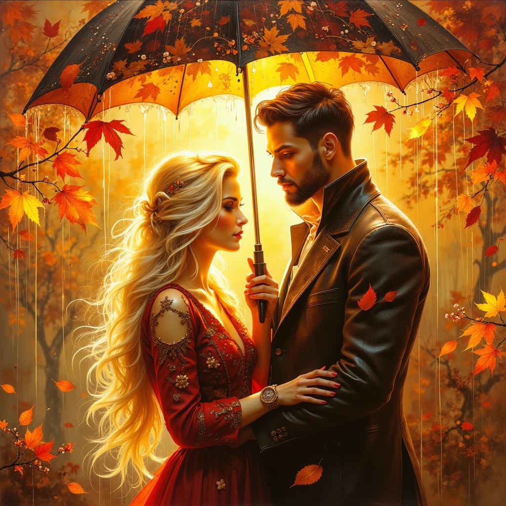 (((Ultraglossing blicks ULTRAVIBRANT COLORS  EXTREMALLY DETAILED ULTRAREALISTIC 3D RENDER FOREGROUND: 1.4)))  EMOTIONAL EXPRESSIVE  It's a beautiful rainy scene of autumn with leaves in vibrant yellow-ORANGE-RED-BURGUNDY-GOLD hues, and golden rain drops sparkling in bokeh light, a beautiful young couple, a long BLONDE 18 YEARS WOMAN and a fresh faced 30YEARS MUSCULAR BRUTAL MAN WITH SHORT BLACK HAIR, standing under an umbrella, without saying anything but sweet emotion seen in their shy embrace, how precious our first love, illuminating branches in warm sunlight, creating a peaceful and golden mood. Paint a dreamy hazy breezy wet on wet watercolour artwork, using minimal paints and maximum loose water effects, autumnal colour palette, melancholy composition, minimalist, impressionist, with no text. MODERN CASUAL AUTUMN CLOTH. FACE TO FACE. EYES TO EYES.
bokeh ethereal beautiful fantastic view Golden ratio dreamy nostalgic Atmospheric melancholy natural light Tran Nguyen rules of third Visual Poetry fog and smoke unfiltered creativity minimal paint and water effects beautiful Autumnal palette Dreamy Hazy Breezy  (((EXTREMALLY DETAILED ULTRAREALISTIC 2D FOGGY PASTEL BACKGROUND: 1.2))) (((GOLD GLOSSING DETAILES JEWELLERY,SPARKLING TRANSPARENT STONES)))
