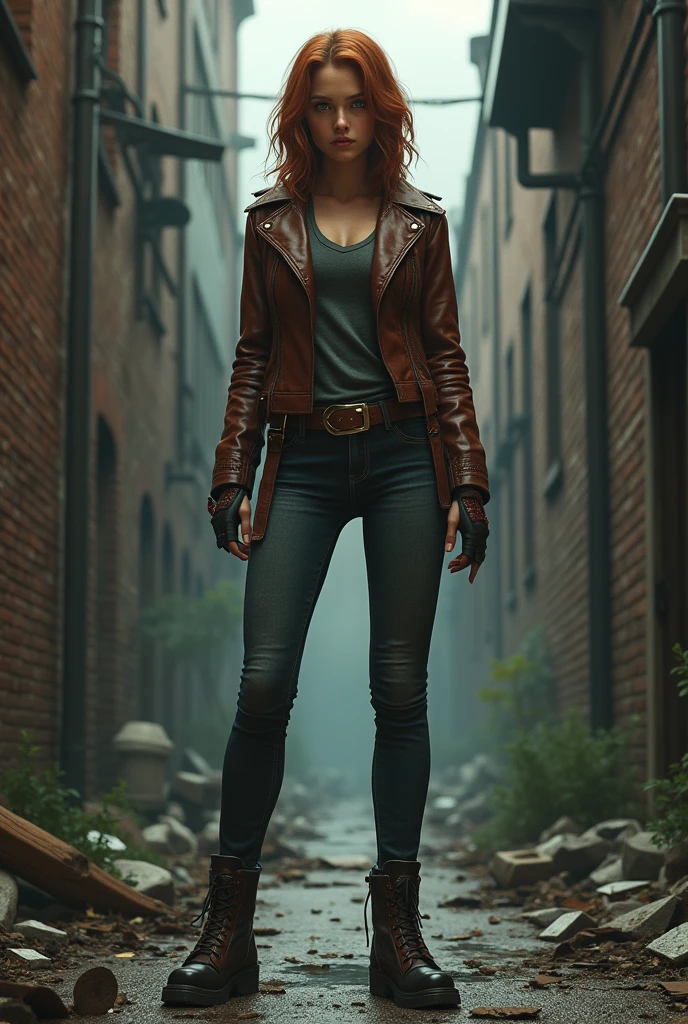 one girl only, redhead, outside, jacket jeans, white tank top, small clevage, deep clevage , sfw, 4k, photo, realistic, ((Irish woman)), big hips, bomber, boots, brunette, cowgirl, intricate, woman, muscular, oiled body, short hair, tits, strip club, tall, tanned skin, quiff with shaved taper fade,( cleavage:0.5)
