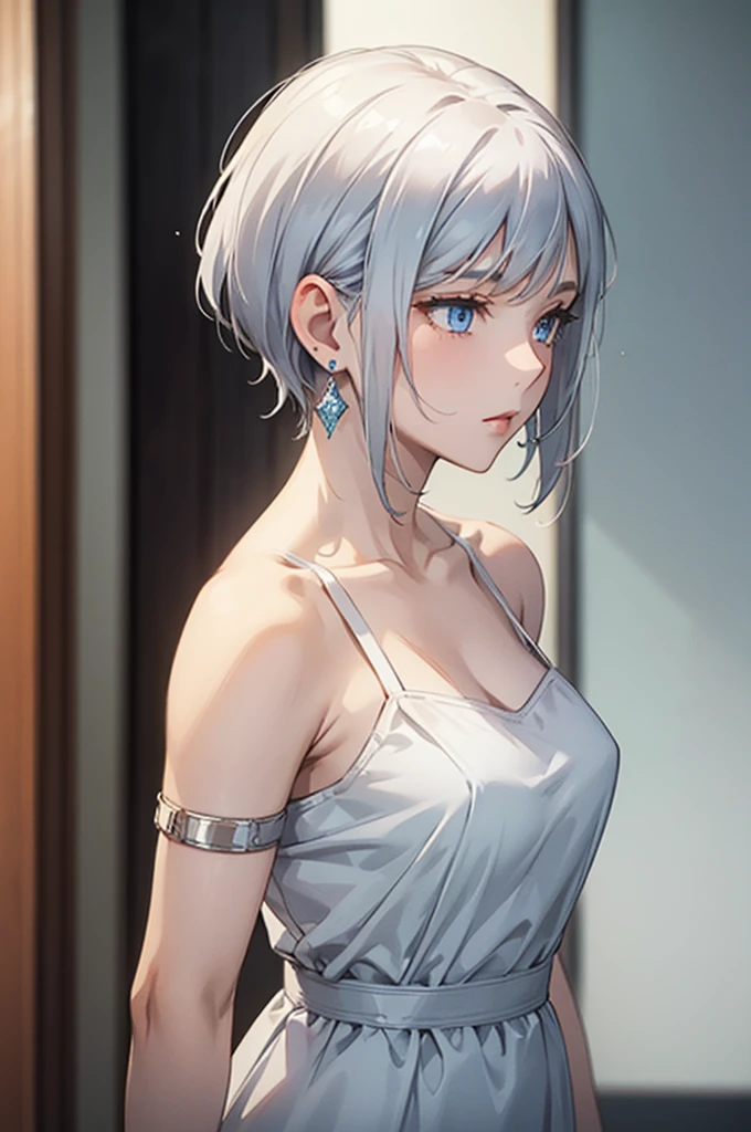 a woman in a white dress with gray hair, with an earring, 1girl, jewelry, solo, earrings, bare shoulders, upper body, short hair, blue eyes, dress