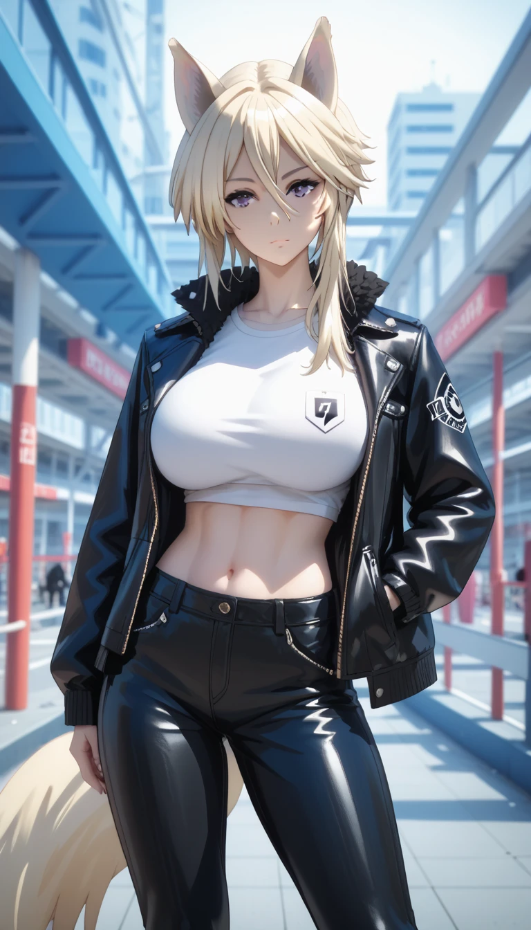 Tall girl, Fit girl,score_9, score_8_up, score_7_up, score_6_up, uncensored, ultra-detailed, 1girl, zeta, perfect face, animal ears, purple eyes, blonde hair,huge breast, tail, 1girl, solo, jacket, navel, hand_in_pocket, long_hair, leather, midriff, shirt, leather_jacket, white_shirt, black_jacket, pants, looking_at_viewer, long_sleeves, black_skirt, open_clothes, black_pants, standing, open_jacket