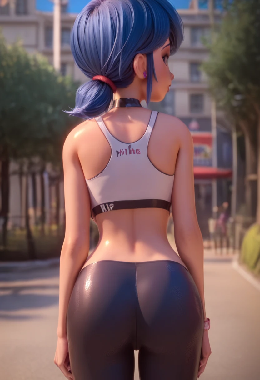 ? 1girls ass ass focus big ass blue eyes bottomwear clothing dat ass ear piercing earrings female blue hair gym clothes huge ass large ass looking back pants question mark red pants solo solo female spiky hair tank top thick thighs thighs topwear pantyline Marinette 