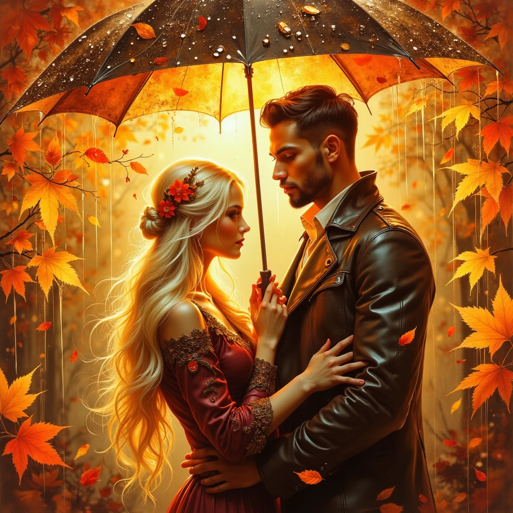 (((Ultraglossing blicks ULTRAVIBRANT COLORS  EXTREMALLY DETAILED ULTRAREALISTIC 3D RENDER FOREGROUND: 1.4)))  EMOTIONAL EXPRESSIVE  It's a beautiful rainy scene of autumn with leaves in vibrant yellow-ORANGE-RED-BURGUNDY-GOLD hues, and golden rain drops sparkling in bokeh light, a beautiful young couple, a long BLONDE 18 YEARS WOMAN (DRESSED IN AUTUMN COAT) and a fresh faced 30YEARS MUSCULAR BRUTAL MAN WITH SHORT BLACK HAIR (DRESSED IN LEATHER COAT), standing under an umbrella, without saying anything but sweet emotion seen in their shy embrace, how precious our first love, illuminating branches in warm sunlight, creating a peaceful and golden mood. Paint a dreamy hazy breezy wet on wet watercolour artwork, using minimal paints and maximum loose water effects, autumnal colour palette, melancholy composition, minimalist, impressionist, with no text. MODERN CASUAL AUTUMN CLOTH. FACE TO FACE. EYES TO EYES.
bokeh ethereal beautiful fantastic view Golden ratio dreamy nostalgic Atmospheric melancholy natural light Tran Nguyen rules of third Visual Poetry fog and smoke unfiltered creativity minimal paint and water effects beautiful Autumnal palette Dreamy Hazy Breezy  (((EXTREMALLY DETAILED ULTRAREALISTIC 2D FOGGY PASTEL BACKGROUND: 1.2))) (((GOLD GLOSSING DETAILES JEWELLERY,SPARKLING TRANSPARENT STONES)))
