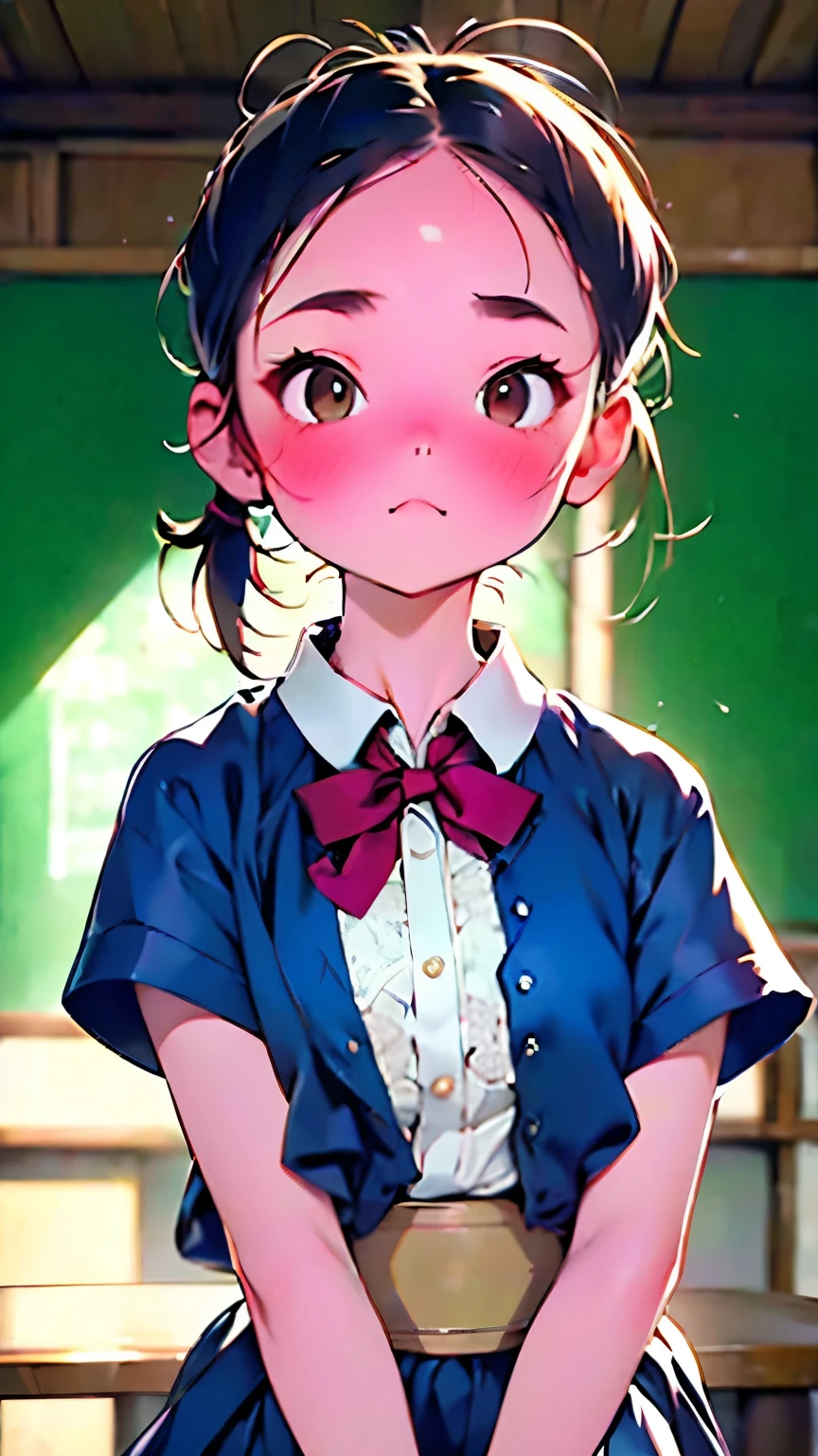 ( table top naked underneath the jacket, best quality :1.2), 8k, 18 years old, 85mm, Official Art, RAW photo, absurd, White dress shirt, cute face, close, upper body, Viola Lace, Gardenia , Beautiful girl, , (Navy Pleated Skirt:1.1), Tighten your waist, Thighs, Short sleeve, classroom, ponytails bleeding from the vagina、 short hair、 short hair、 bench seat, Looking at the Audience , no makeup in the coal mine, (smile:0.4), film grain , Color Difference, sharp concentration, Face Light , bright lights on the Ped, , detailed face , Background Blurred , ( dark red tie :1.1)、日本の学校のclassroom、classroom