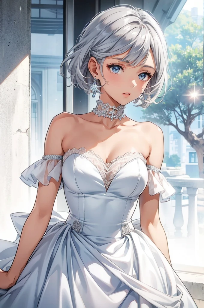 a woman in a white dress with gray hair, with an earring, 1girl, jewelry, solo, earrings, bare shoulders, upper body, short hair, blue eyes, dress