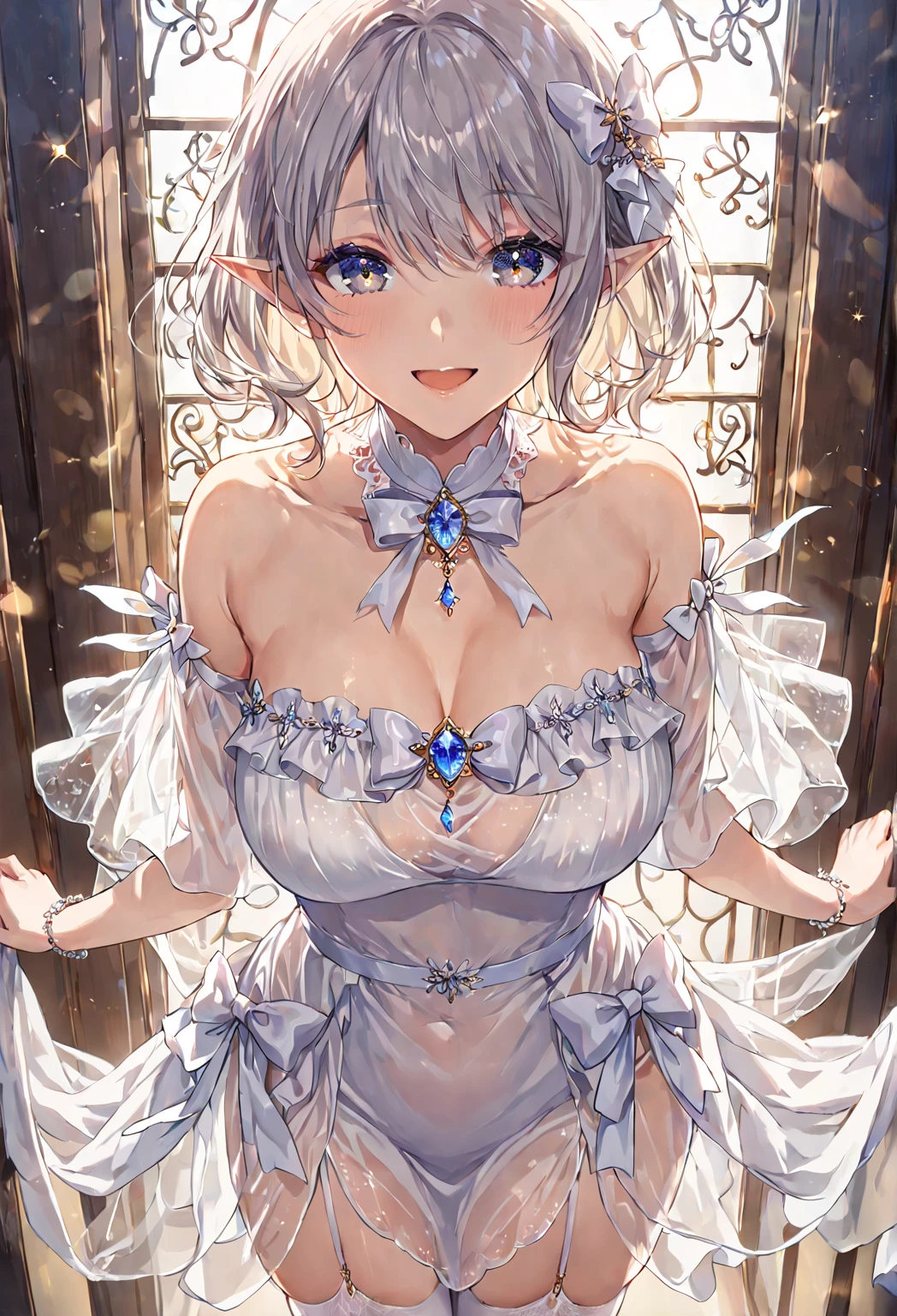 ((best quality)), ((masterpiece)), (detailed), (1girl), Elf, Pointy ears, housewife, big breast, white Chin-Length Bob with Waves short hair with delicate strands falling gently onto her face, parted bangs, ((mature woman)), open mouth, happy smile, looking at the viewer, arms are behind her back, Dressed up housewife, ((Grey eyes, crystal-like, gem-like, sparkling, starry eyes.
White dress with frills, bare shoulders, see-through fabric, detached wide sleeves.
White bow, gem accents, jewelry.
White thigh-highs with garter straps, white high heels)), warm natural lighting, cinematic depth of field, vibrant bokeh effect, serene indoor settings, atmosphere of comfort and elegance, ethereal and lifelike presentation