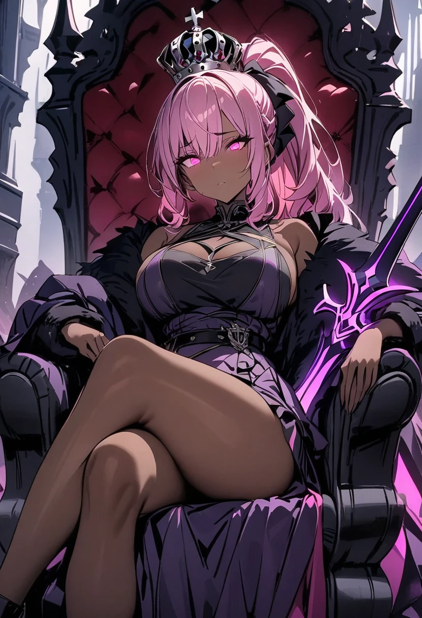 masterpiece, best quality, 1 girl, Dark king , pink hair ,dark skin, glowing pink eyes,  ponytail, laying on throne , crossed legs, black and purple sword in ground beside the thronewith crown on top of sword, 