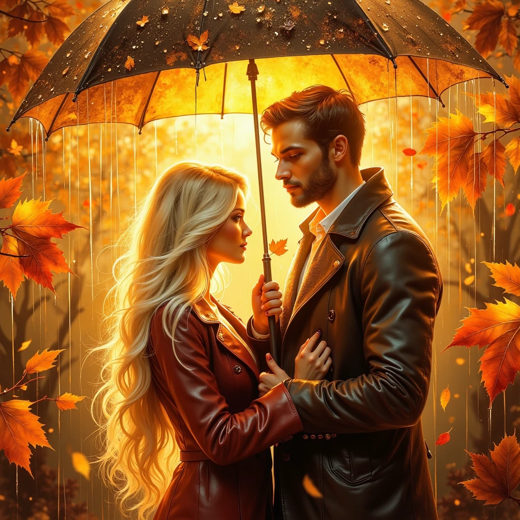 (((Ultraglossing blicks ULTRAVIBRANT COLORS  EXTREMALLY DETAILED ULTRAREALISTIC 3D RENDER 3DVOLUME ULTRATEXTURED FOREGROUND: 1.4)))  EMOTIONAL EXPRESSIVE  It's a beautiful rainy scene of autumn with leaves in vibrant yellow-ORANGE-RED-BURGUNDY-GOLD hues, and golden rain drops sparkling in bokeh light, a beautiful young couple, a long BLONDE 18 YEARS WOMAN (DRESSED IN AUTUMN COAT) and a fresh faced 30YEARS MUSCULAR BRUTAL MAN WITH SHORT BLACK HAIR (DRESSED IN LEATHER COAT), standing under an umbrella, without saying anything but sweet emotion seen in their shy embrace, how precious our first love, illuminating branches in warm sunlight, creating a peaceful and golden mood. Paint a dreamy hazy breezy wet on wet watercolour artwork, using minimal paints and maximum loose water effects, autumnal colour palette, melancholy composition, minimalist, impressionist, with no text. MODERN CASUAL AUTUMN CLOTH. FACE TO FACE. EYES TO EYES. PERFECT ANATOMY, PERFECT HANS, PERFECT FINGERS.
bokeh ethereal beautiful fantastic view Golden ratio dreamy nostalgic Atmospheric melancholy natural light Tran Nguyen rules of third Visual Poetry fog and smoke unfiltered creativity minimal paint and water effects beautiful Autumnal palette Dreamy Hazy Breezy  (((EXTREMALLY DETAILED ULTRAREALISTIC 2D FOGGY PASTEL BACKGROUND: 1.2))) (((GOLD GLOSSING DETAILES JEWELLERY,SPARKLING TRANSPARENT STONES)))
