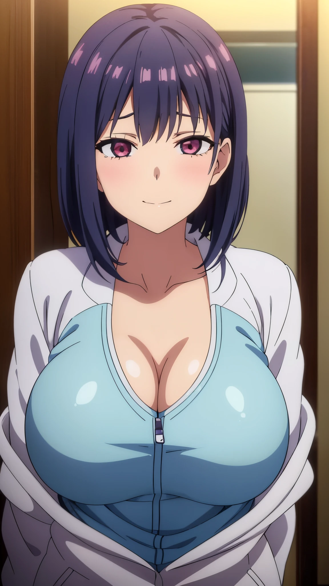 (((masterpiece))),fuyumi itadori, Anime girl characters, 1girl, solo, looking at viewer, medium hair long sleeves, cleavage, bigger breasts, closed mouth, collarbone, jacket, open clothes, open jacket, blue jacket, ground vehicle, sports bra, tall girl, horny, big ass, beautiful face,Charming,  anime visual of a cute girl, screenshot from the anime film, & her expression is solemn, ahegao face, in the anime film, in an anime, anime visual of a young woman, she has a cute expressive face, still from anime, perfect breasts, she is tall, All bodies visible, ahegao face, the face is ahegao, she is horny, A perverted face, she so perverted, she smile so perverted, hd picture, 4k quality, details of the face is so good,bigger breasts, ,change her face and make her face hd and pretty😍, make her face like nakano ichika , she is masturbating