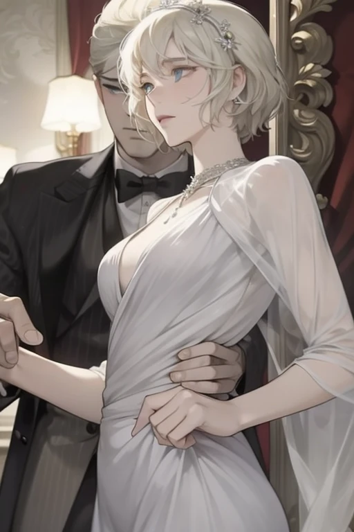 masterpiece, best quality, dusk, wedding dress:china dress:0.3, pubic tattoo on underbelly, hair over shoulder, blonde hair, ahoge, ahegao, gradient eyes, breasts out, sexy lingerie, business_suit,