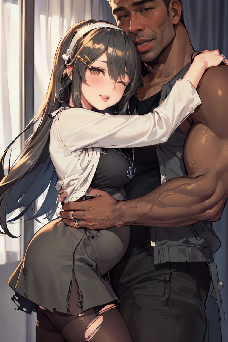 (from side:1.5),{perfect anatomy},((beautiful face:1.1))((1girl, 1black man hugs woman, old, groping:1.8)),((masterpiece, best quality, highres:1.6)), ((big breasts、perfect anatomy), ,(((hmharuna, white hairband, hairclip, anchor necklace, jewelry, white jacket, ((pantyhose)), ((black shirt)), grey skirt)),( blush, open your mouth, roll your eyes, stick out tongue,)(parted lips),(feel weak),Bittersweet Smile, (I close my eyes and feel weak),looking at viewer, engaged ring, breasts,((torn clothes:1.0)),((pregnancy:0.9)),at the hotel,