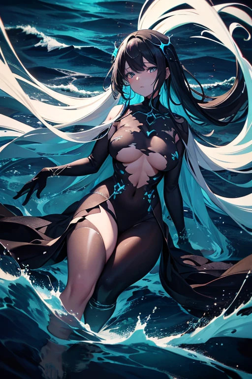 1 girl, solo, Wrap your hands around your chest, (full body:1.5), (Hair covers the chest and lower body:1.5), (No dressing:1.2), (topless:1.2)，abyssal, dark blue hair, curly hair, ribbon, closed eyes, parted lips, expressionless, curtained hair, hair over shoulder, Romanticism, god rays, vignetting, partially underwater shot, emphasis lines, vanishing point, from below, (masterpiece), anatomically correct, (super detail), high details, high quality, (best quality), 8k