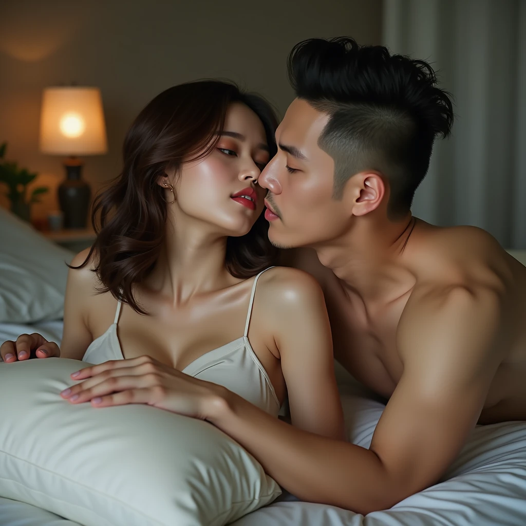 Boy and girl aggressively making out, on bed, night time, curious, nervous, blushing, sweating, first time